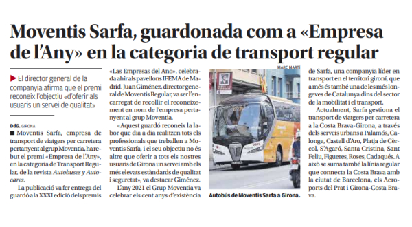 Moventis Sarfa, premiada com a Empresa de l’Any en la categoria de Transport Regular