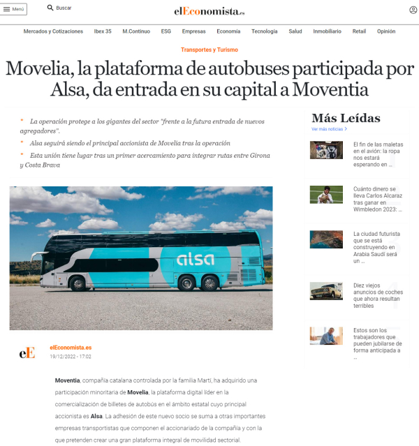 Movelia, la plataforma de autobuses participada por Alsa, da entrada en su capita la Moventia