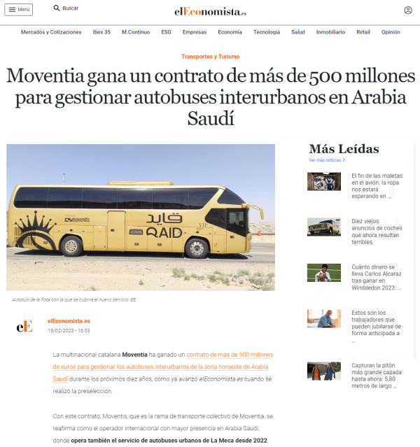 Moventia gana un contrato de más de 500 millones para gestionar autobuses interurbanos en Arabia Saudí