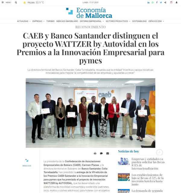 CAEB y Banco Santander distinguen el proyecto WATTZER by Autovidal en los Premios a la Innovación Empresarial para pymes