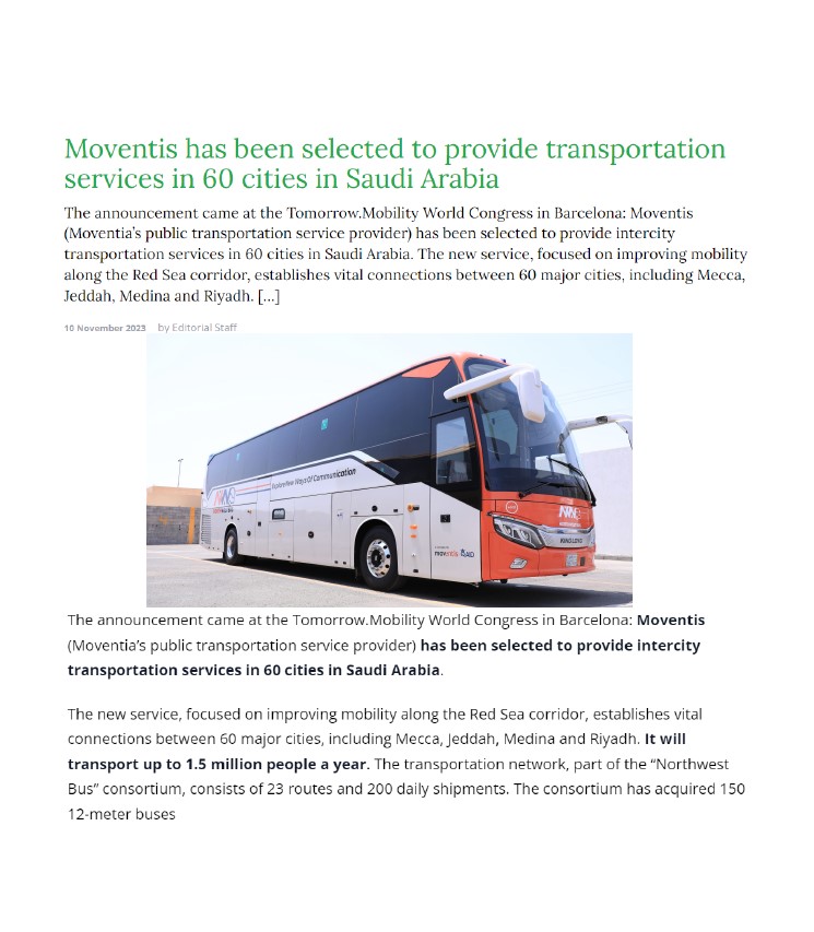 Moventis has been selected to provide transportation services in 60 cities in Saudi Arabia