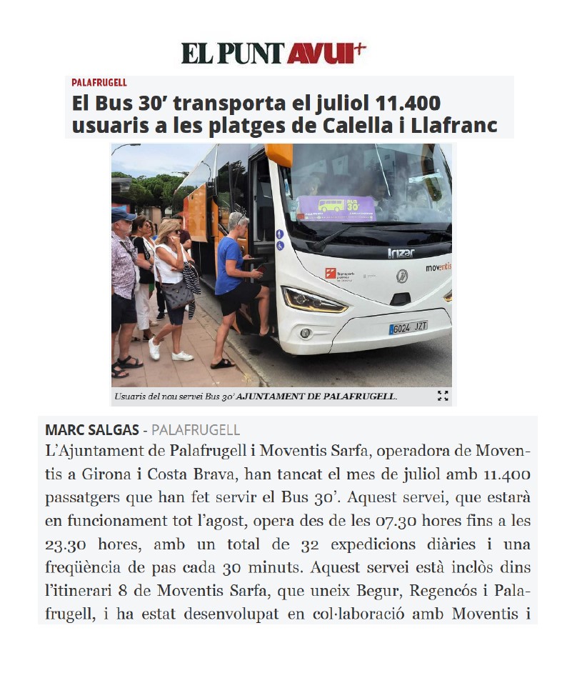 El Bus 30’ transporta el juliol 11.400 usuaris a les platges de Calella i Llafranc