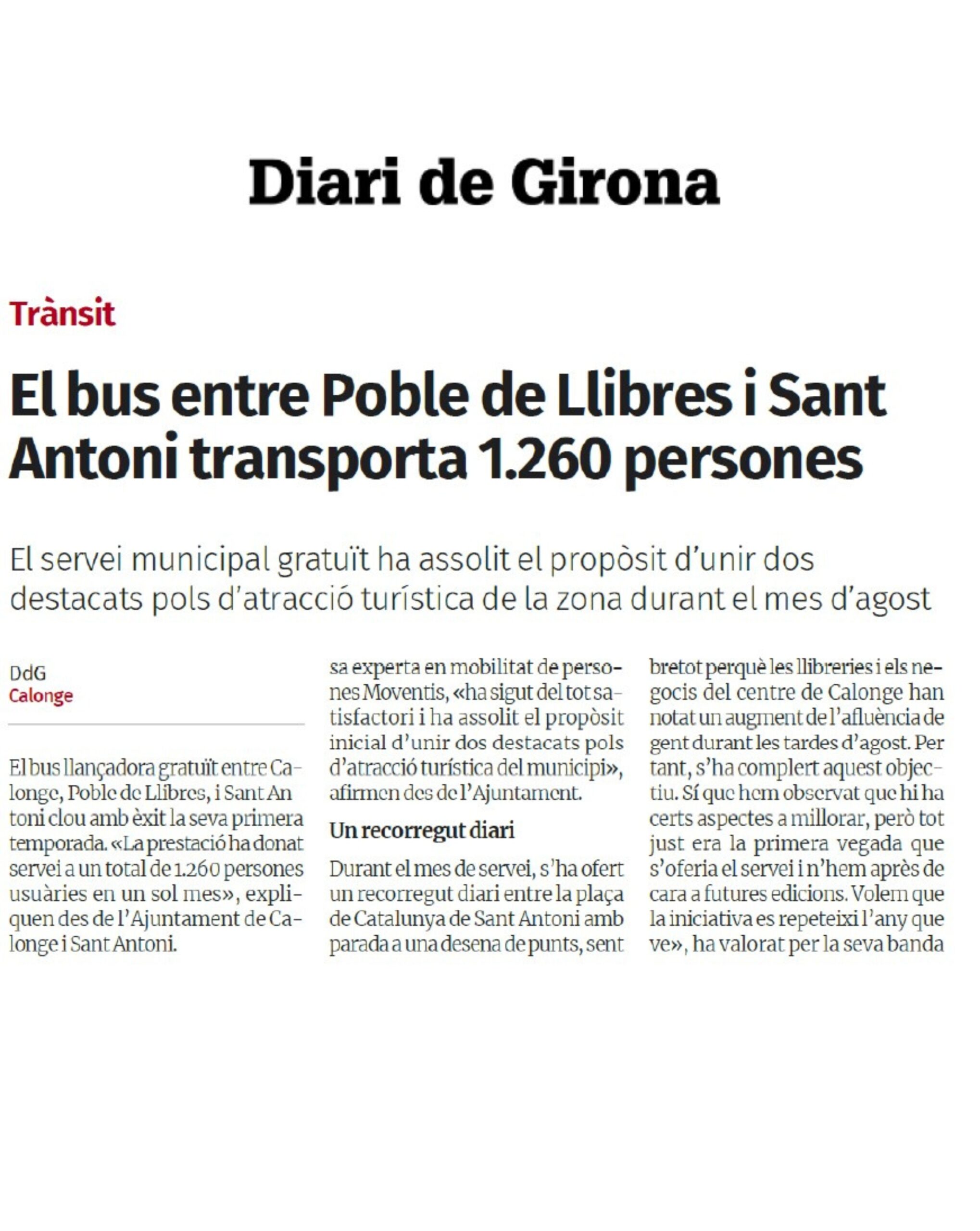 El bus entre Poble de Llibres i Sant Antoni transporta 1.260 persones