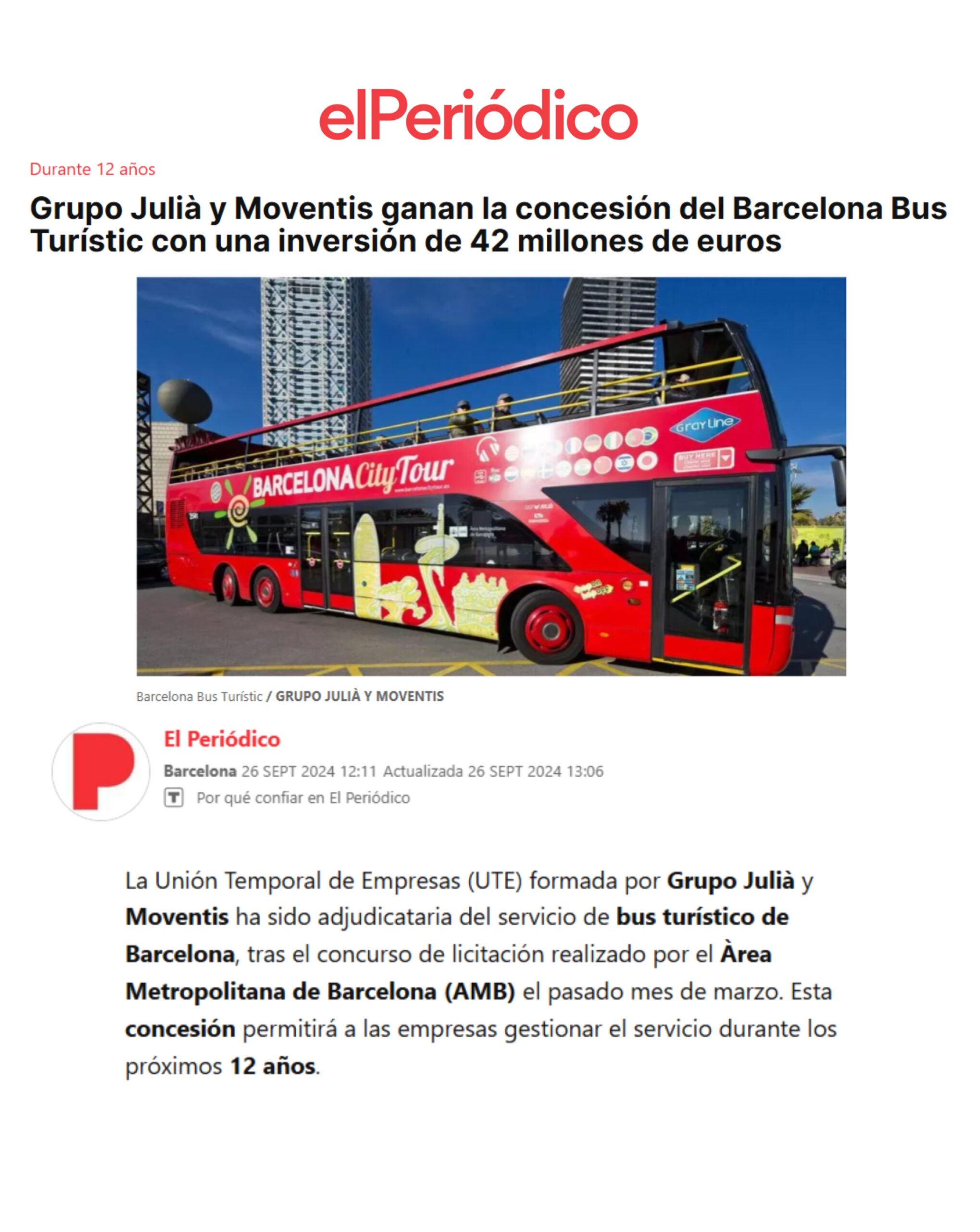 Grupo Julià y Moventis ganan la concesión del Barcelona Bus Turístic con una inversión de 42 millones de euros