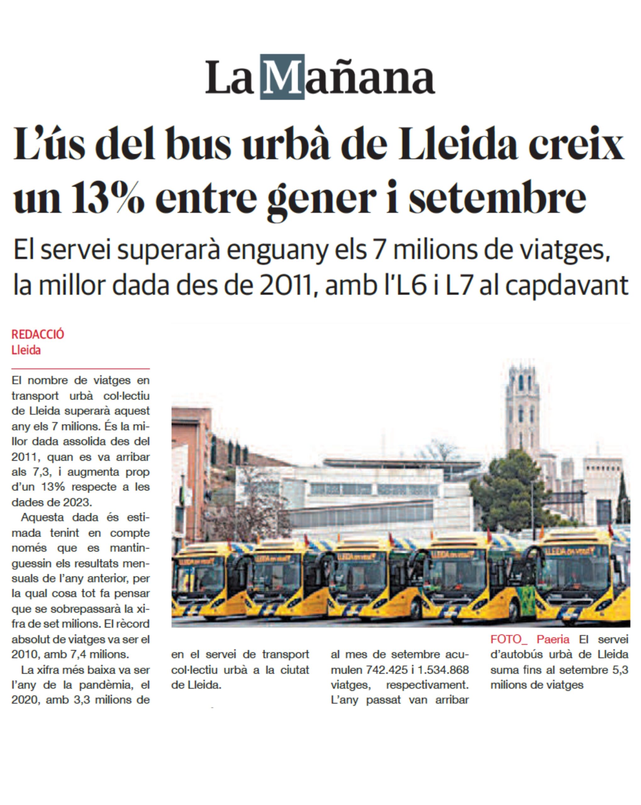 L’ús del bus urbà de Lleida creix un 13% entre gener i setembre