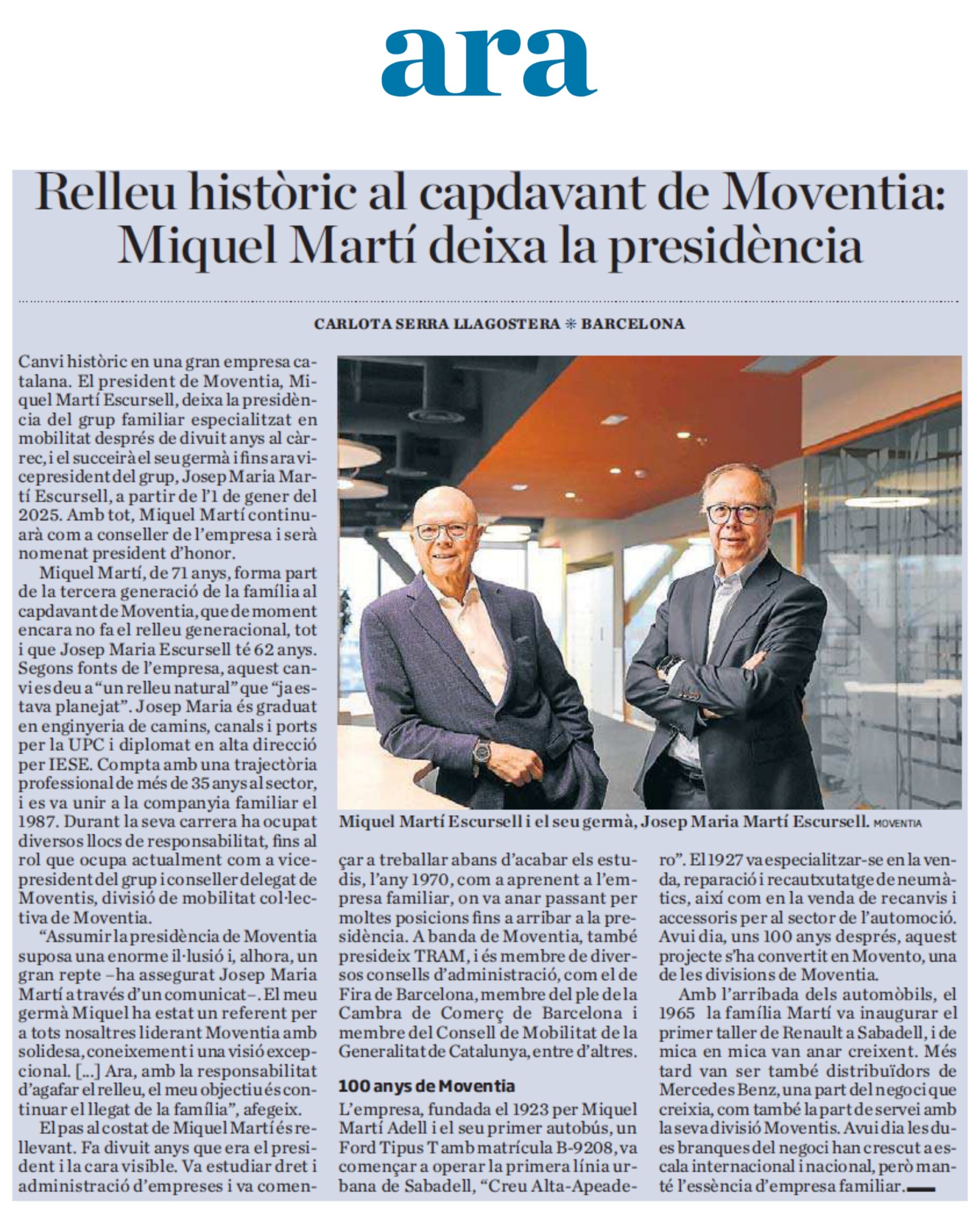 Relleu històric al capdavant de Moventia: Miquel Martí deixa la presidència