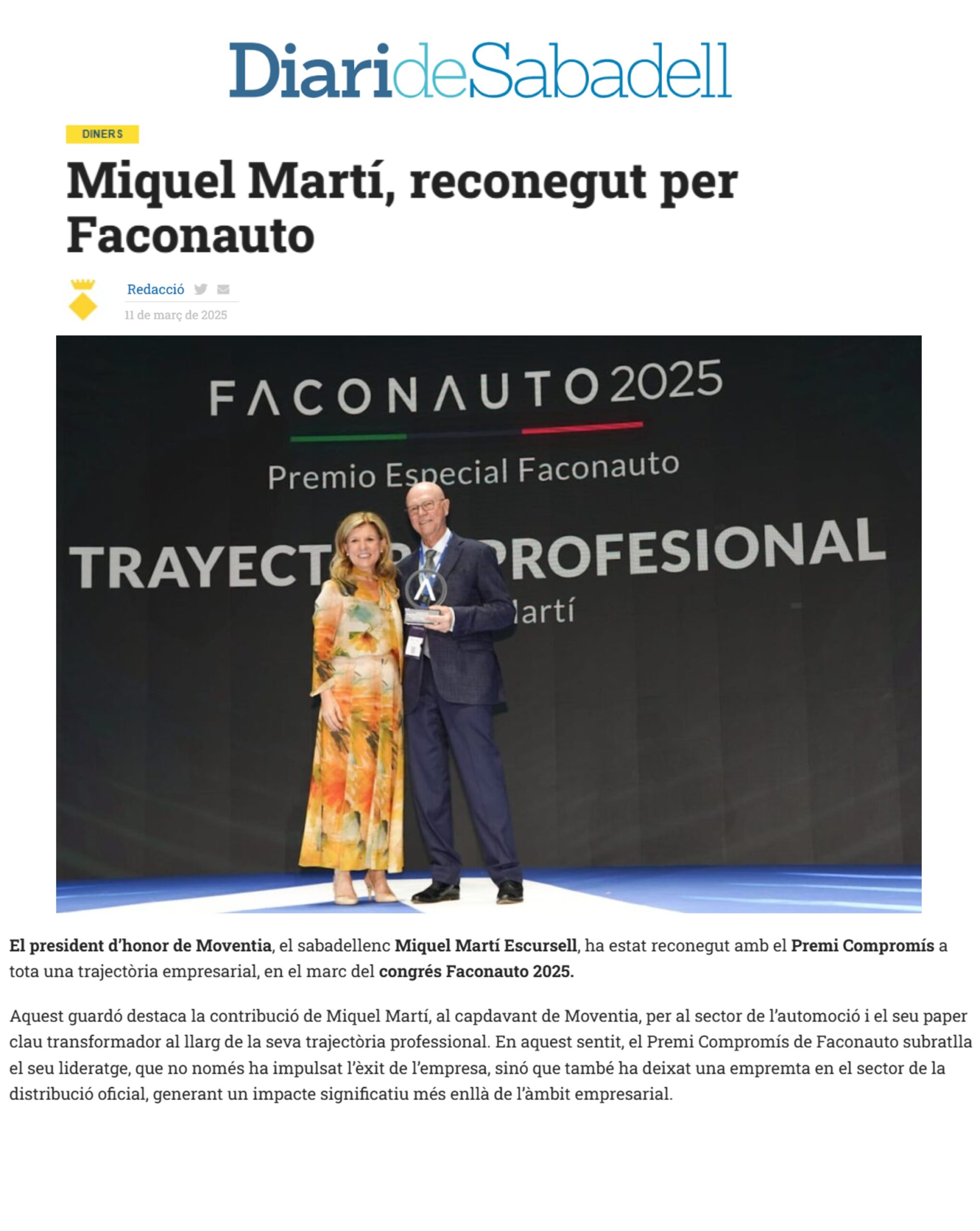 Miquel Martí, reconegut per Faconauto